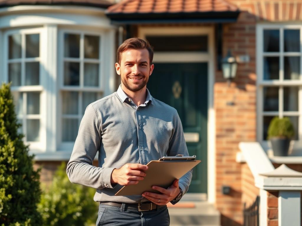 Professional property manager outside a home